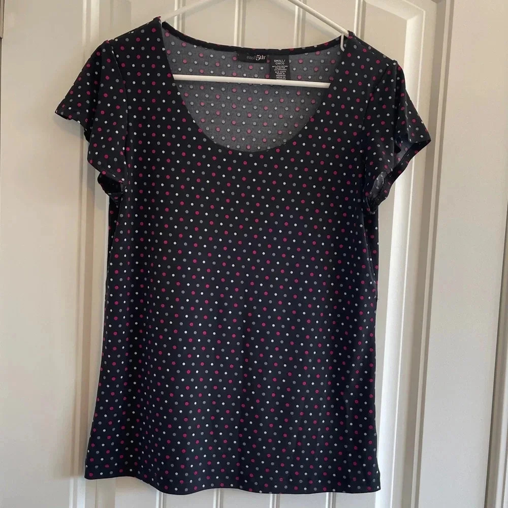 East 5th Black Scoop Neck Flutter Sleeve Blouse with Pink & White Polka Dots